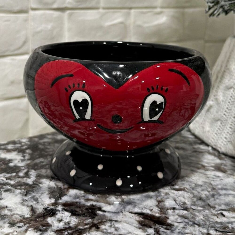 Johanna Parker Valentines Heart Ceramic Bowl Carnival Black Polka Dot Pedestal